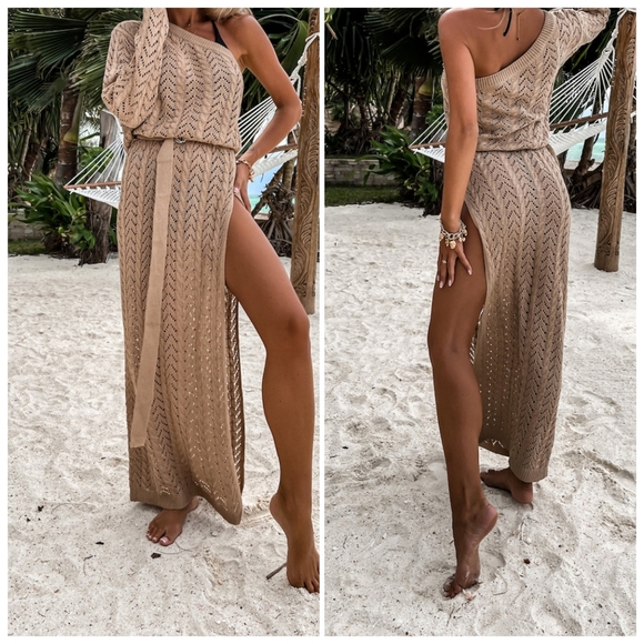 (Out of  Stock) Blue Slit Openwork Single Shoulder Knit Dress - Picture 9 of 10